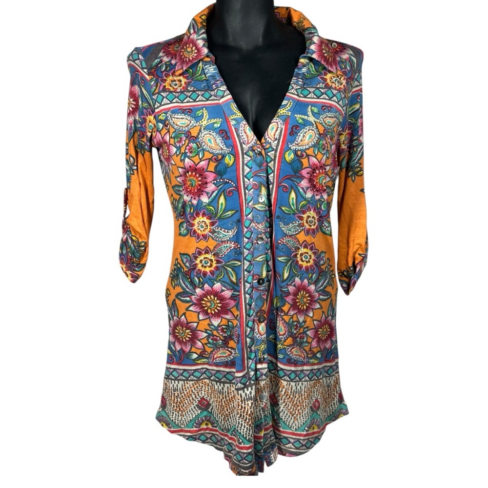 Derhy Small Button Down Shirt Top 3/4 Roll Sleeves Embellished Vacation Colorful - Picture 2 of 11